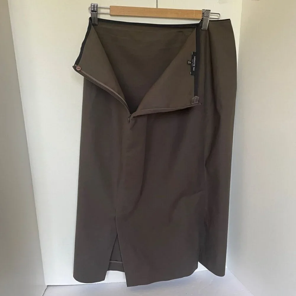 LAFAYETTE 148 Pencil Skirt 12 Khaki Green Straight Cotton Twill Stretch BackVent
